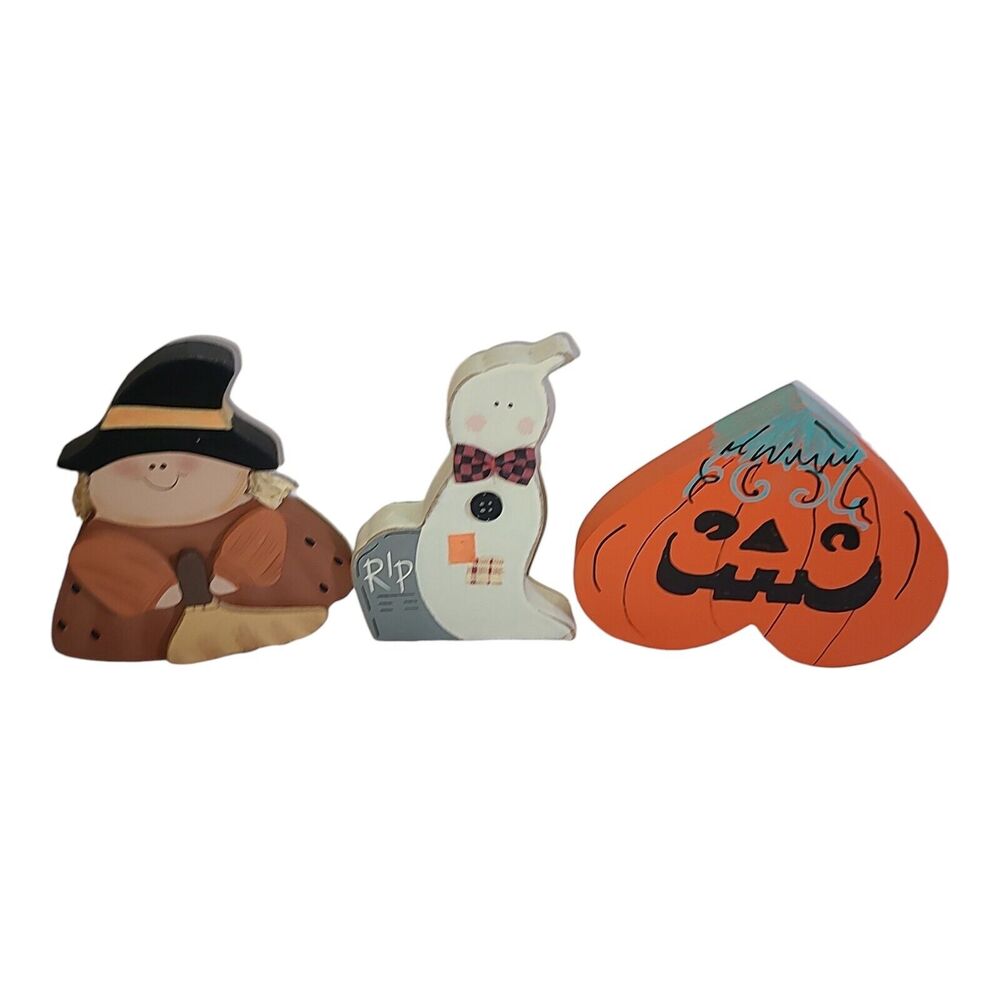Vintage 3-piece Wooden Block Halloween Decor Ghost Witch Jack-o'-lantern‎